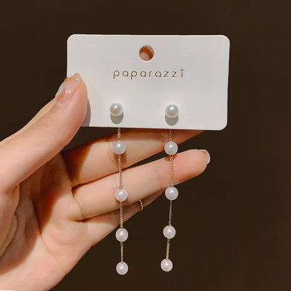 “Korean Tassel Pearl Drop Earrings - Luxury Gold Wedding Jewelry.”