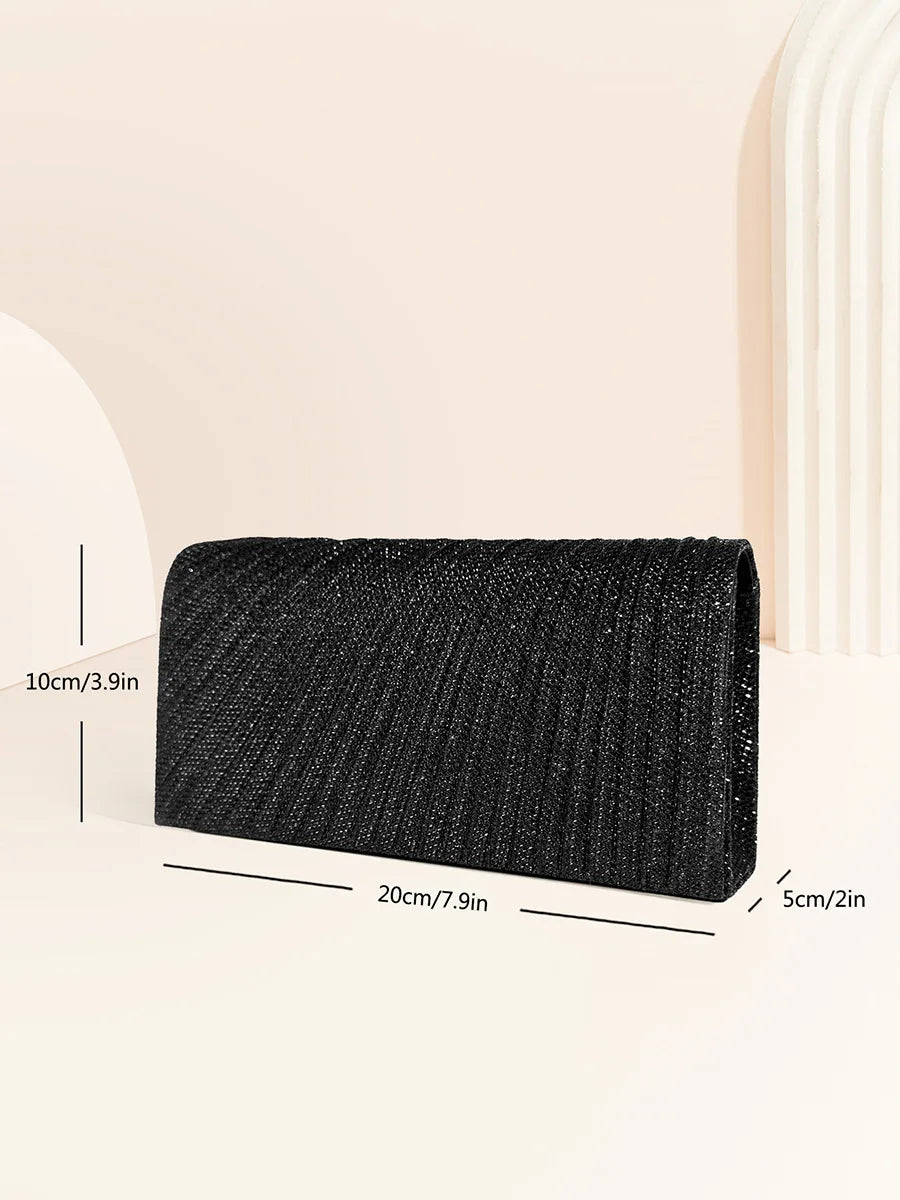 “Glitter Evening Bag for Women, Shiny Silver Party Clutch with Chain Strap.”