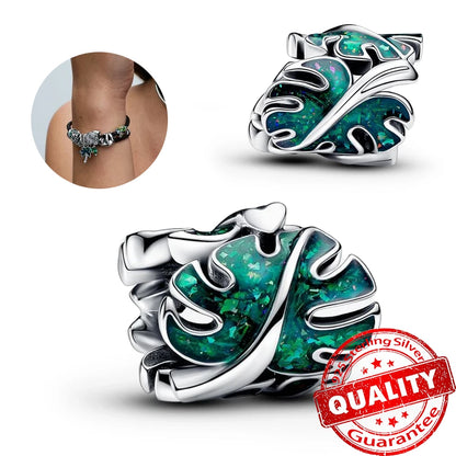 “925 Sterling Silver Green Monstera Leaves & Frog Dangle Charm - Fits Necklace & Bracelet.”