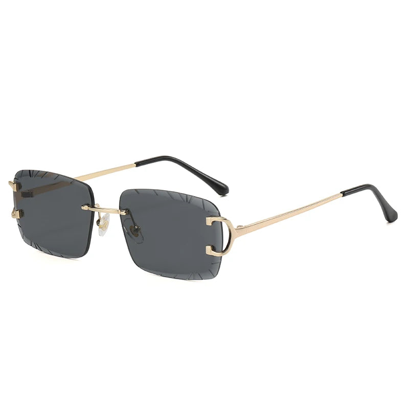 “Square rimless sunglasses, trendy metal frame, high-grade unisex street style.”