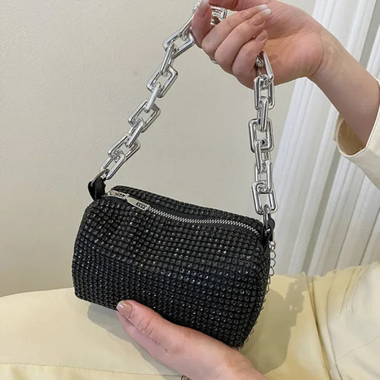 “Glitter rhinestone bucket bag with chain, mini crossbody purse for women.”
