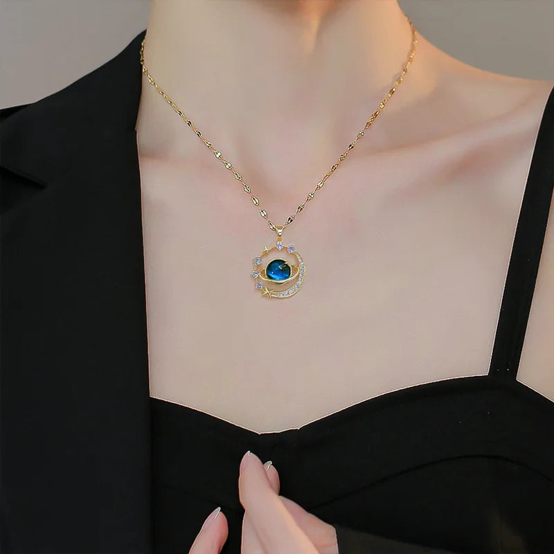 “Exquisite Starry Sky Planet Necklace – Luxurious Stainless Steel Clavicle Chain with Stars & Moon Design”