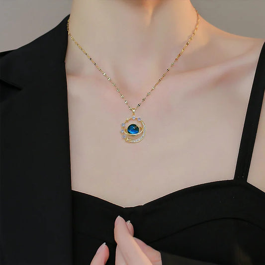 “Exquisite Starry Sky Planet Necklace – Luxurious Stainless Steel Clavicle Chain with Stars & Moon Design”