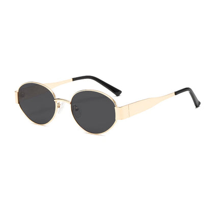 “Retro oval sunglasses, luxury metal frame, classic unisex design for driving.”