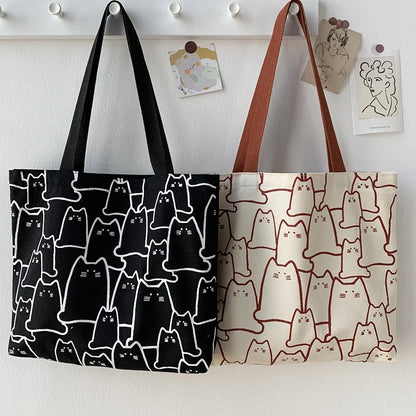 “Canvas tote bag for women, cute cat design, zipper, small Japanese style.”