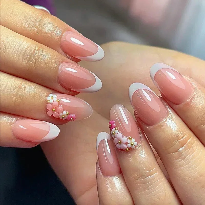 “24Pcs Matte Almond Press-On Nails – Autumn Winter Rose Leaf Design, Full Cover with Glue”