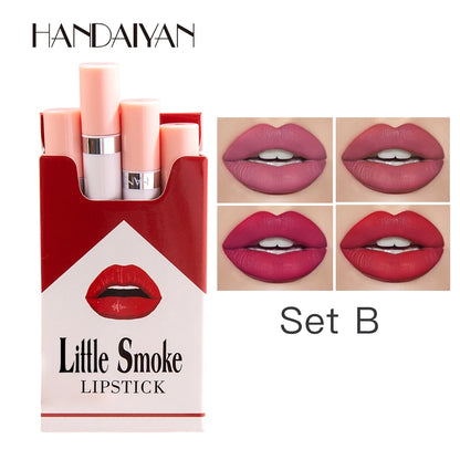 “Matte velvet lipstick set, 4pcs small size, long-lasting color, fade-resistant formula.”