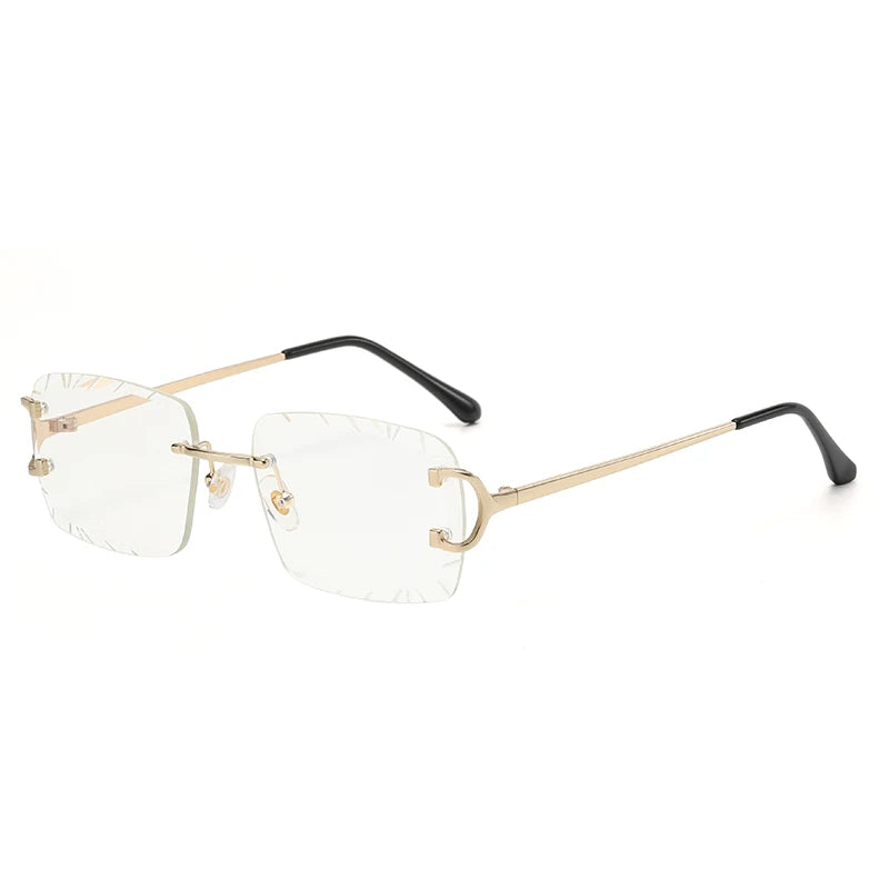“Square rimless sunglasses, trendy metal frame, high-grade unisex street style.”