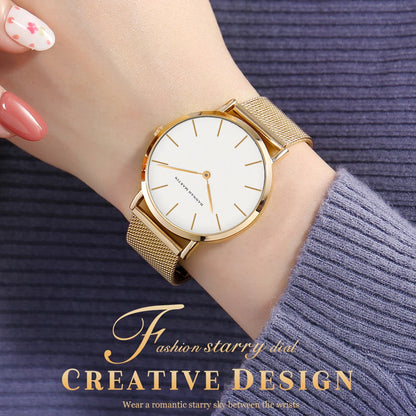 “Rose gold women’s bracelet watch, stainless steel mesh, simple, Japanese quartz.”