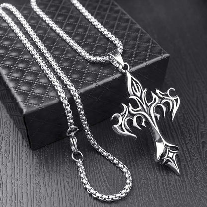 “Stainless Steel Flame Retro Cross Pendant Necklace - Titanium Steel for Men.”