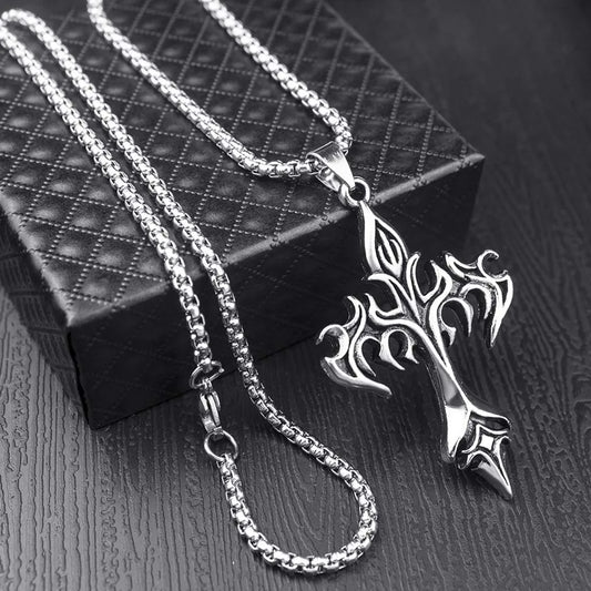 “Stainless Steel Flame Retro Cross Pendant Necklace - Titanium Steel for Men.”