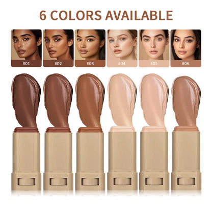 “Smooth Foundation Stick: High Coverage, Skin-Boosting Balm Serum, Travel-Friendly Bronze Tint.”