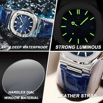 “Top Luxury Square Man Watch Date Waterproof Luminous Men’s Quartz Leather”