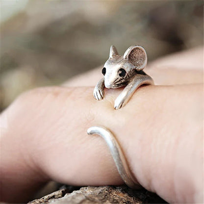 “Cute Mouse-Shaped Open Ring for Women - Antique Silver, Stylish Party Accessory.”