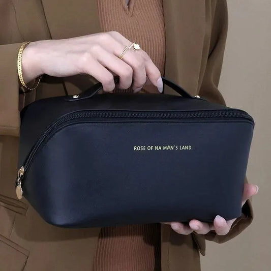 “Luxury makeup organizer bag, zippered, portable travel case for toiletries and cosmetics.”