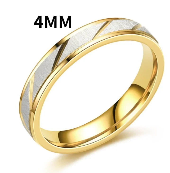 “Fashion gold striped couple rings, 6mm & 4mm stainless steel, contrast color, perfect Valentine’s gifts.”