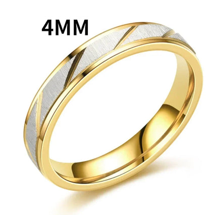 “Fashion gold striped couple rings, 6mm & 4mm stainless steel, contrast color, perfect Valentine’s gifts.”