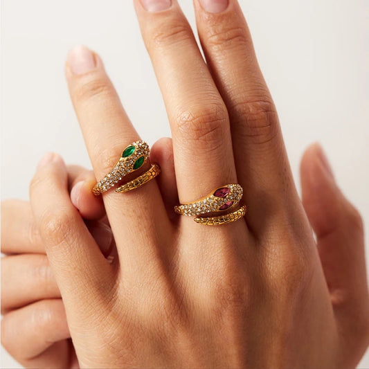 “Vintage Gold Snake-Shaped Zircon Ring - Stainless Steel Luxury Jewelry for Women.”