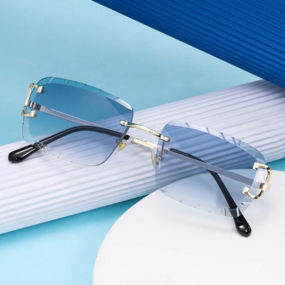“Square rimless sunglasses, trendy metal frame, high-grade unisex street style.”