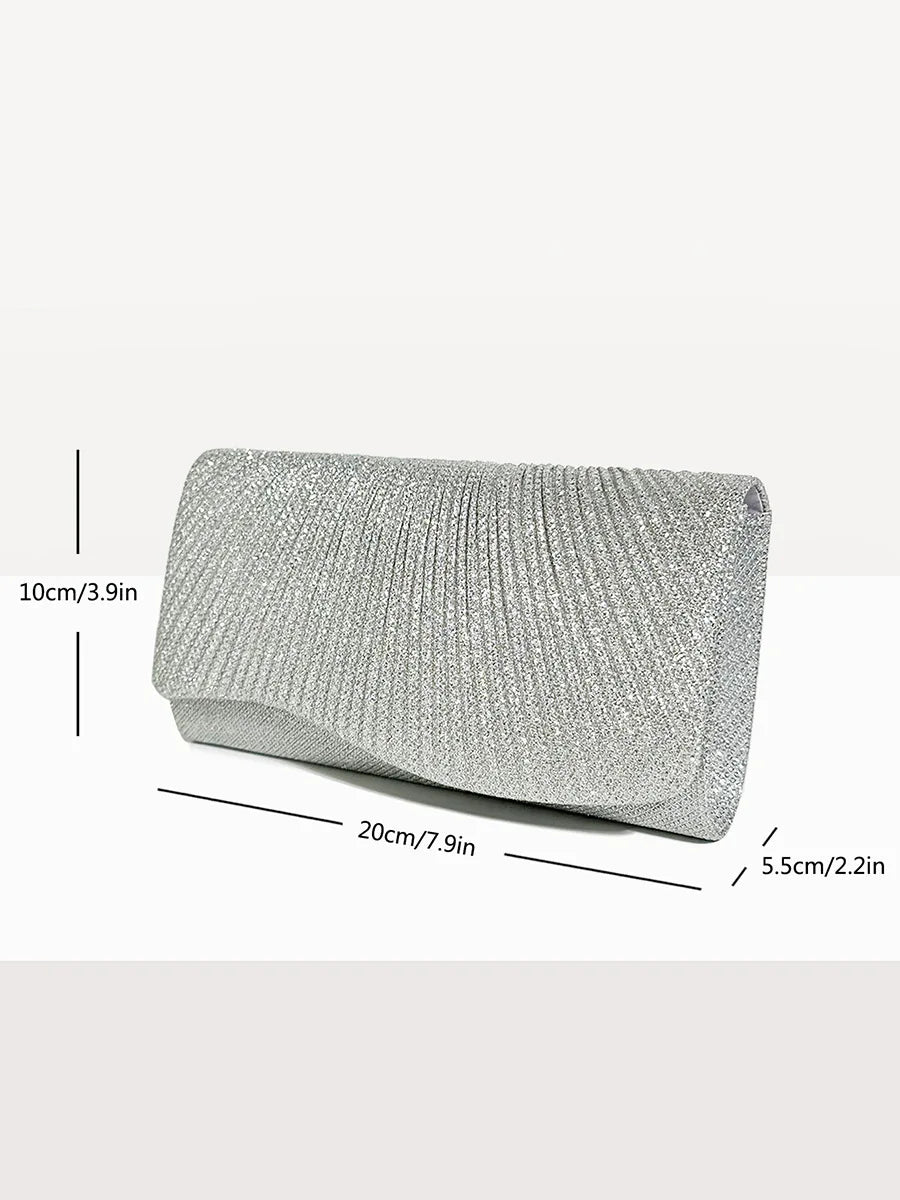 “Glitter Evening Bag for Women, Shiny Silver Party Clutch with Chain Strap.”