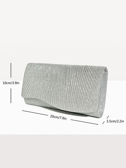 “Glitter Evening Bag for Women, Shiny Silver Party Clutch with Chain Strap.”