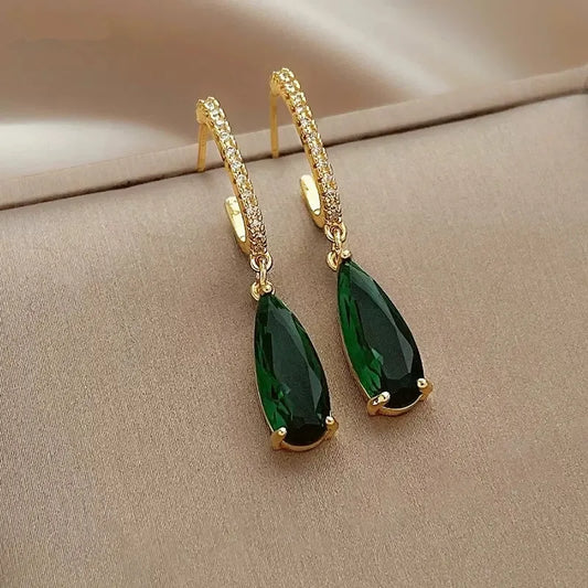 “Huitan Pear Green CZ Drop Earrings - Gold Color Luxury Jewelry for Women.”