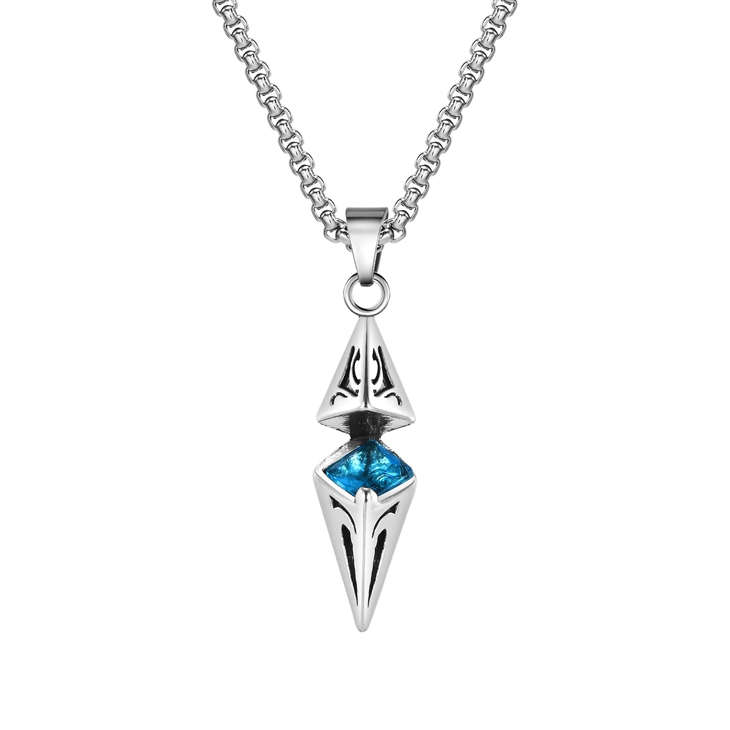 “Stylish Blue Stone Necklace for Men & Women - Stainless Steel Geometric Pendant.”