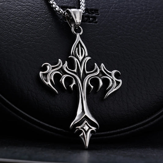 “Stainless Steel Flame Retro Cross Pendant Necklace - Titanium Steel for Men.”