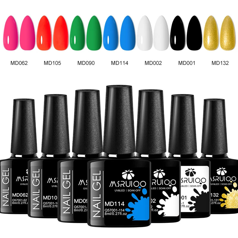“7-piece gel polish set for DIY nail art, long-lasting soak-off UV gel.”