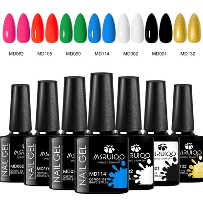 “7-piece gel polish set for DIY nail art, long-lasting soak-off UV gel.”