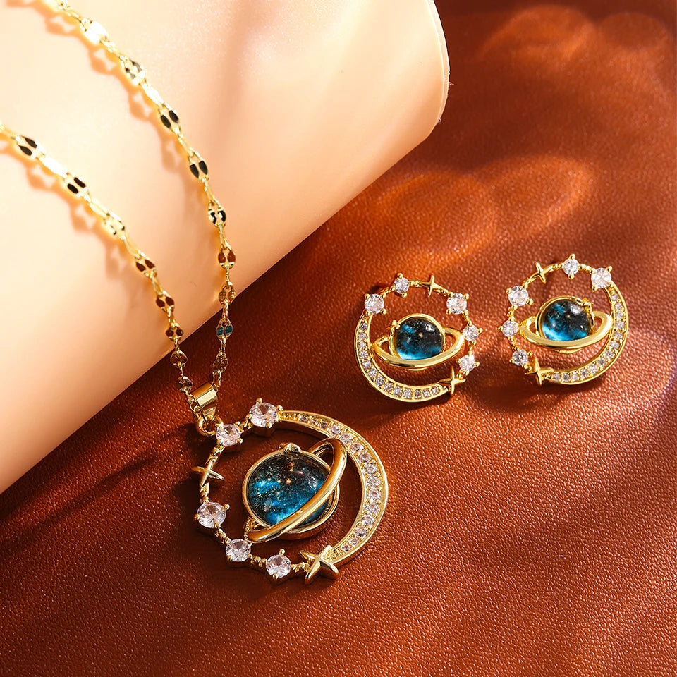 “Luxury gold titanium steel necklace with planet, moon, astronaut pendants.”