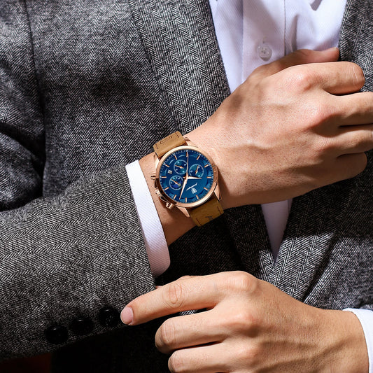 “Men’s Luxury Sports Watch: Waterproof Chronograph, Luminous Display, Business Leather Design.”