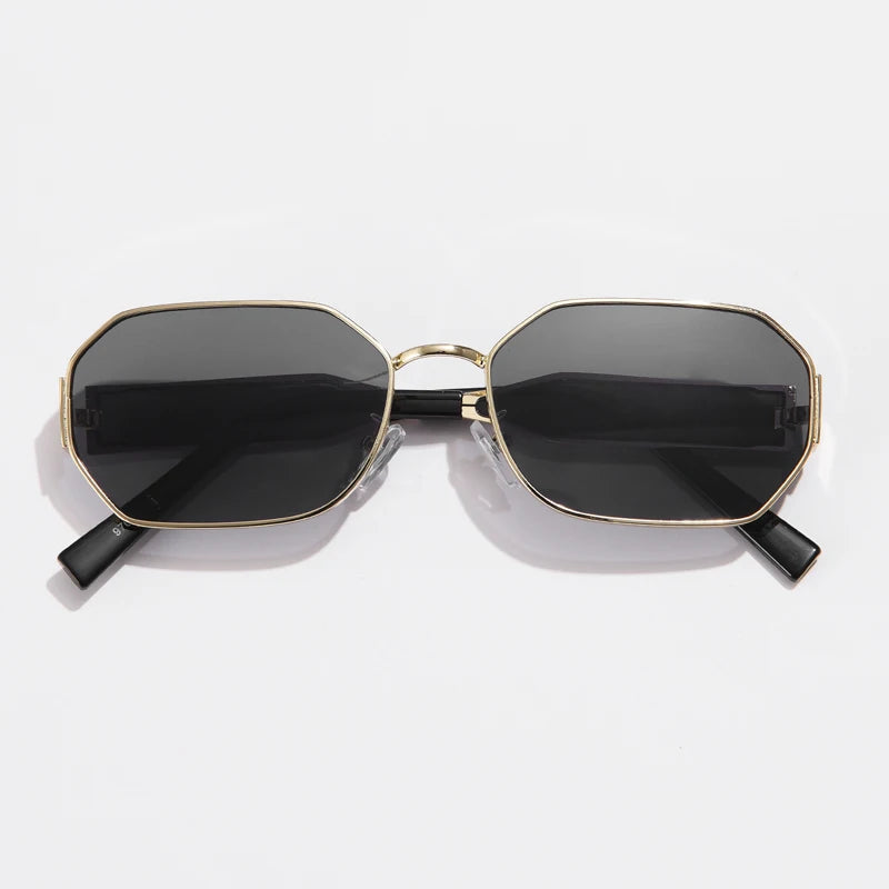 “Vintage rectangle sunglasses, retro metal frame, unisex designer black eyewear.”