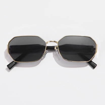 “Vintage rectangle sunglasses, retro metal frame, unisex designer black eyewear.”