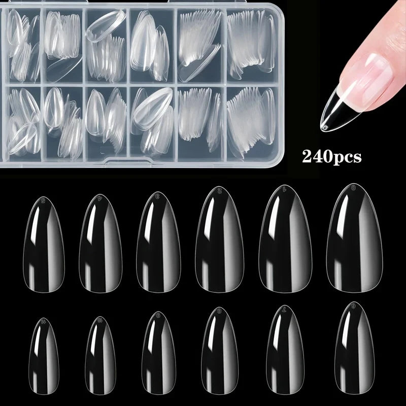 “240 Almond False Nail Tips Clear Matte, 12 Sizes, Perfect for DIY Manicure.”