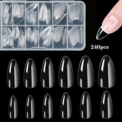 “240 Almond False Nail Tips Clear Matte, 12 Sizes, Perfect for DIY Manicure.”