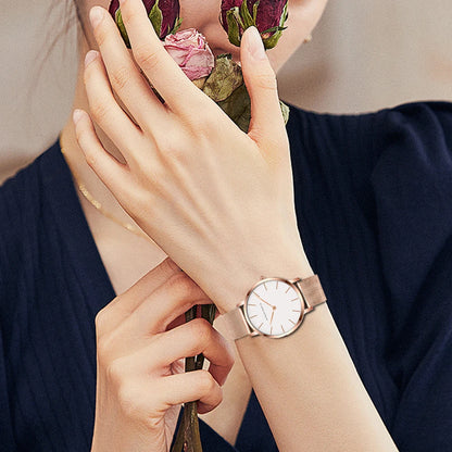 “Rose gold women’s bracelet watch, stainless steel mesh, simple, Japanese quartz.”