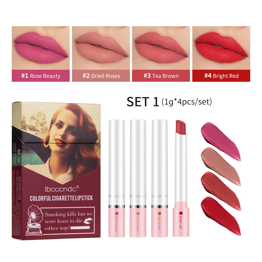 “4 pcs/set Long Lasting Matte Lipstick Set Waterproof Nude Lip Gloss Cosmetics”