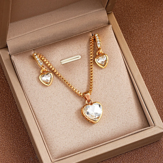 “3-piece heart pendant jewelry set: earrings and necklace with rhinestones, exquisite gift.”