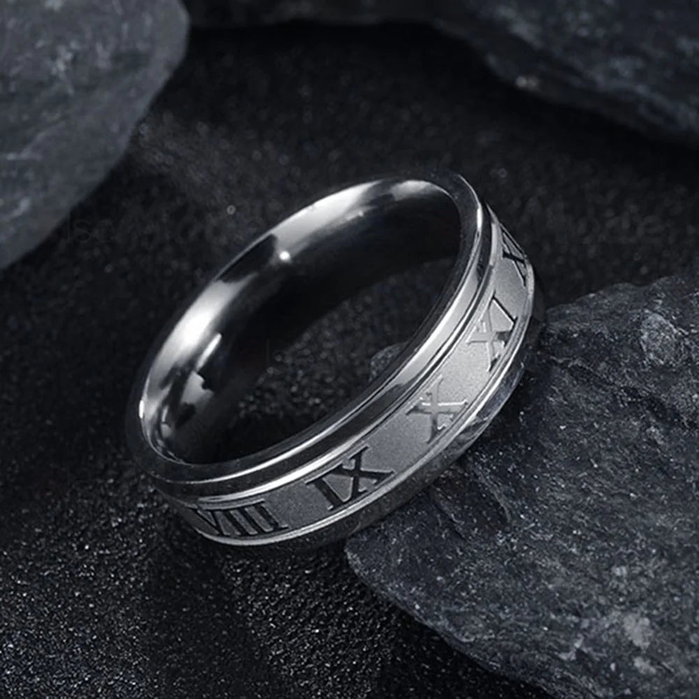 “Classic Stainless Steel Roman Digital Ring Waterproof High Quality Punk Jewelry Gift.”