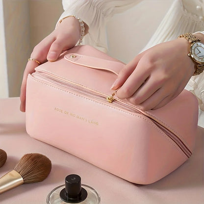 “Luxury makeup organizer bag, zippered, portable travel case for toiletries and cosmetics.”