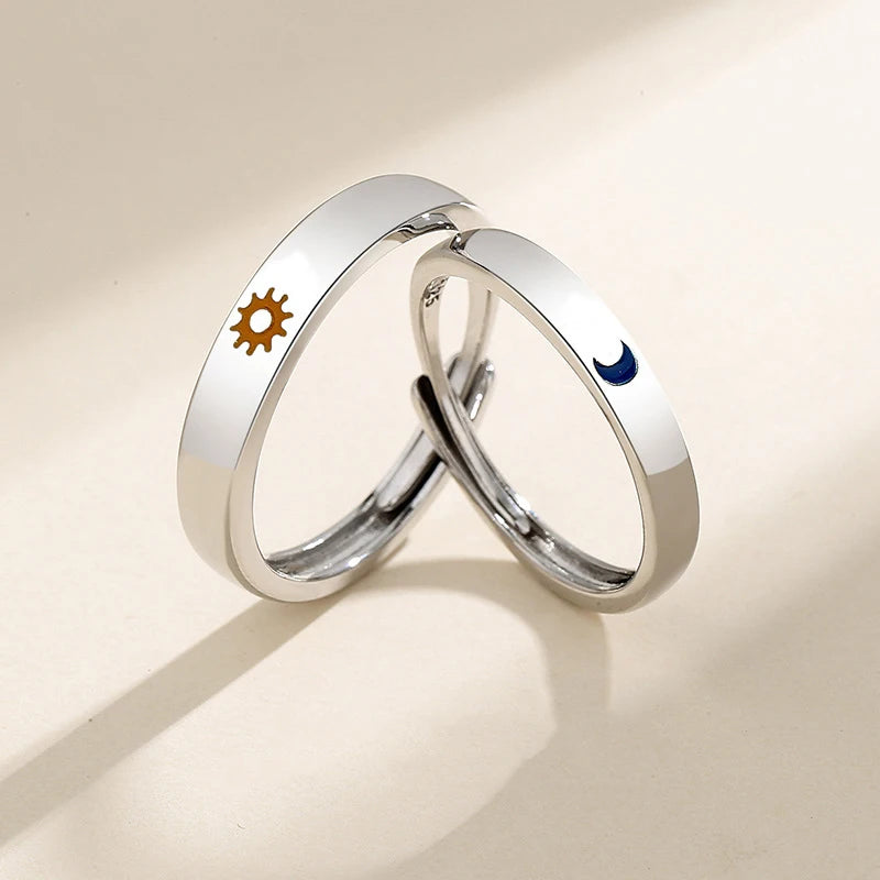 “Simple Couple Rings - Silver Sun & Moon Adjustable Open Ring for Men & Women.”