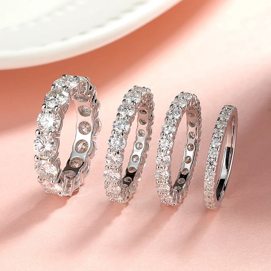 “Full Moissanite wedding band, 2-5mm, 925 sterling silver, classic eternity ring.”