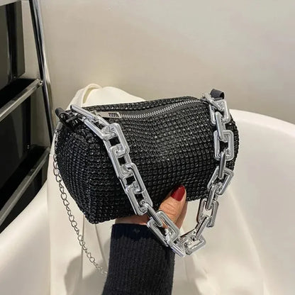 “Glitter rhinestone bucket bag with chain, mini crossbody purse for women.”