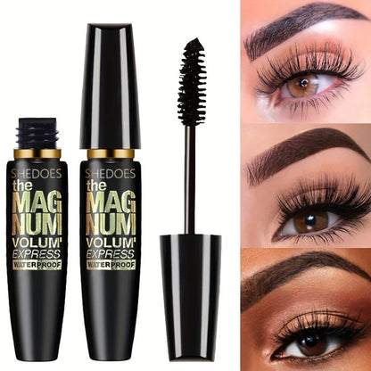 “4D black mascara: thickening, lengthening, curling, waterproof liquid fiber formula.”