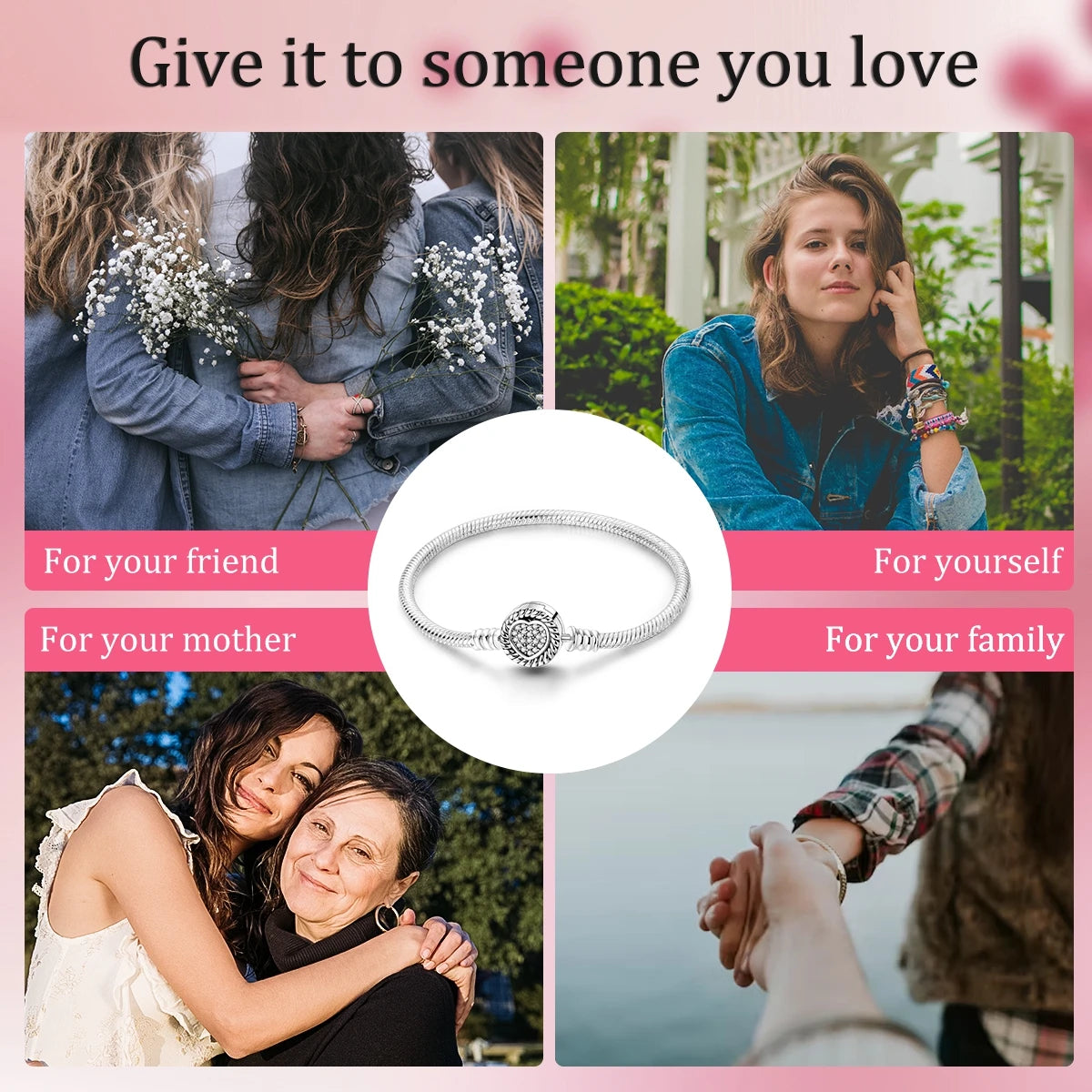 “MULA silver plated heart clasp snake chain bracelet, fits original charms, perfect gift.”