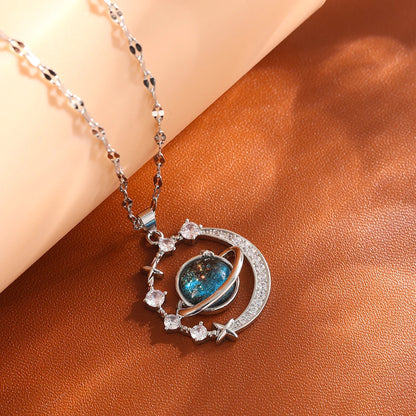 “Luxury gold titanium steel necklace with planet, moon, astronaut pendants.”