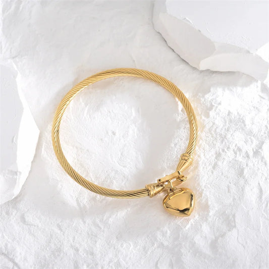 “18k Gold Color Stainless Steel Heart Pendant Charm Bangle Bracelets For Men Women”