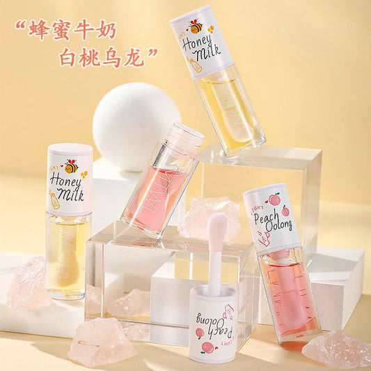 “Peach Milk Honey Lip Oil – Moisturizing, Fades Lip Lines, Water Gloss Effect with Big Brush”