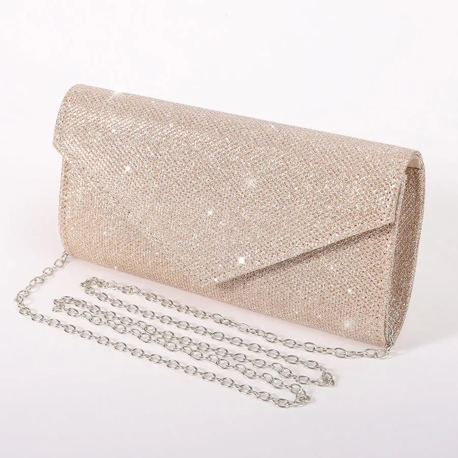 “Glitter Evening Bag for Women, Shiny Silver Party Clutch with Chain Strap.”